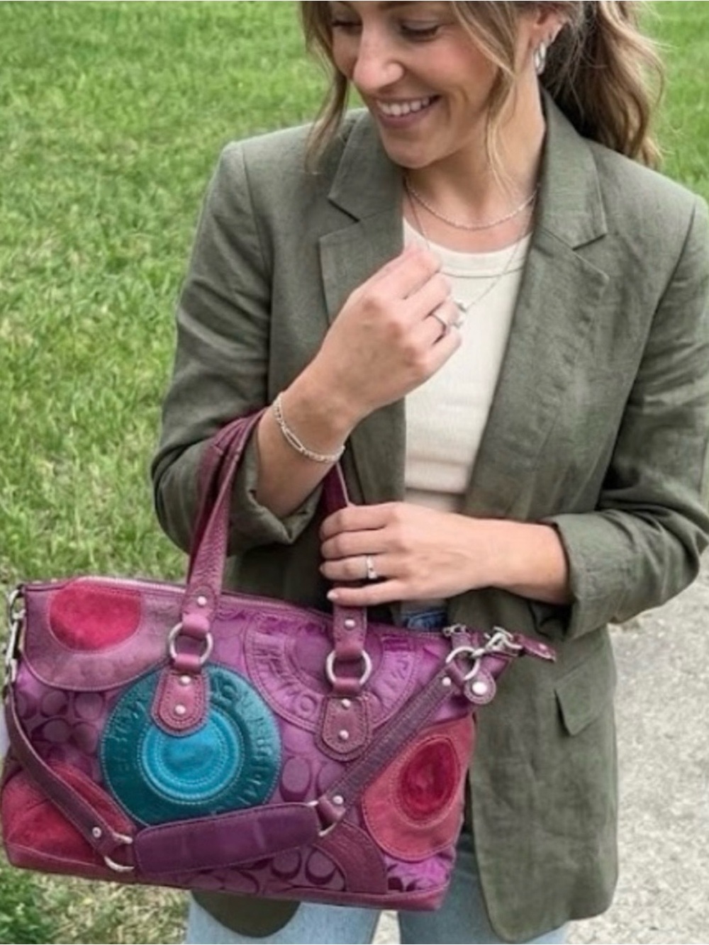 Large Stylish Purple & Teal Patchwork COACH Bag - Women's Handbag